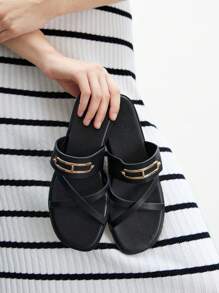 CUCCOO BIZCHIC Women's Casual Metal Decor Flat Sandals For Daily Wear - Black - View 1