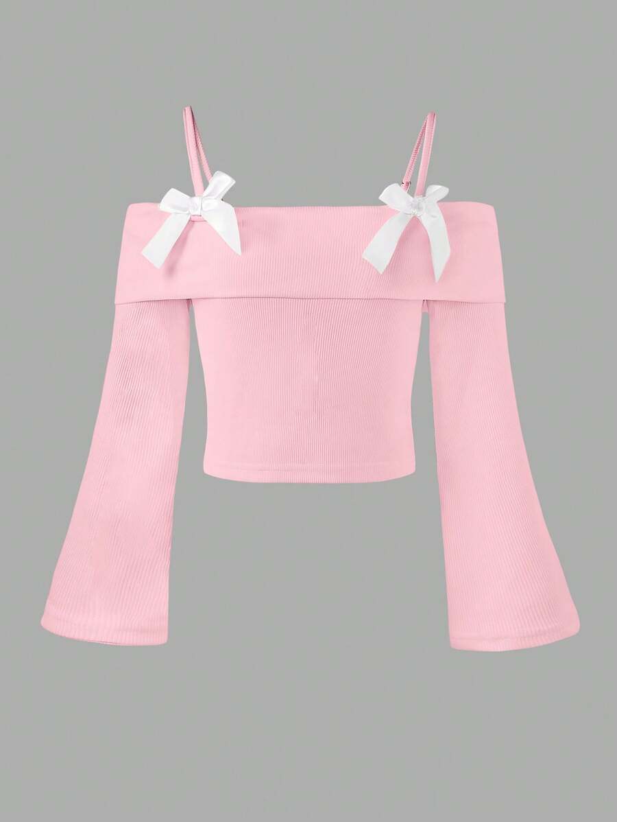 Elladie kids 新款长袖吊带背心，露肩设计，蝴蝶结设计，适合青春期女孩，现已上市。舒适、时尚、优雅、甜美、可爱、活泼、独特，是盛装打扮的必备单品。