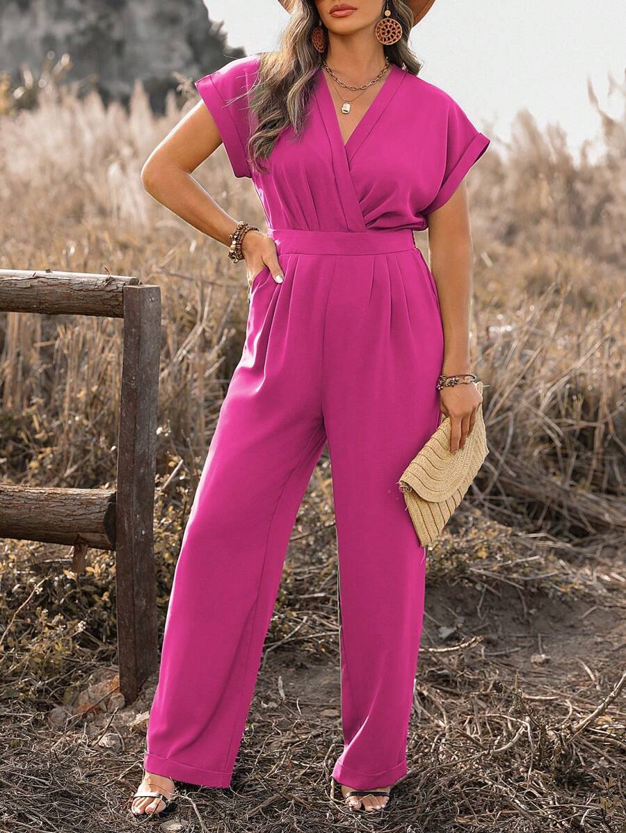 Calvaya Bộ đồ liền thân tay ngắn thanh lịch cổ chữ V màu trơn cỡ lớn - Màu Hồng Tươi - Xem 1