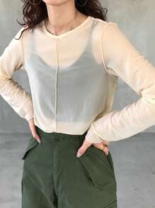 FRIFUL Áo thun nữ dáng ôm vừa vặn, mỏng nhẹ, cổ tròn, tay dài - Màu be - Xem 4