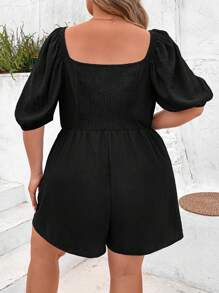 SHEIN CURVE+ 女式加大码黑色方领荷叶边泡泡袖褶皱后背连体衣，宽松版型，夏季 - 黑色 - 查看 2