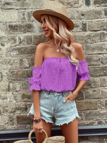 Breezaya Women's Vacation Solid Color Off Shoulder Loose Short Sleeve Shirt