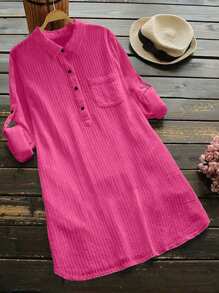 Women's Spring/Summer Solid Color Half-Placket Casual Shirt Fall Cloth For Women - Hot Pink - View 1