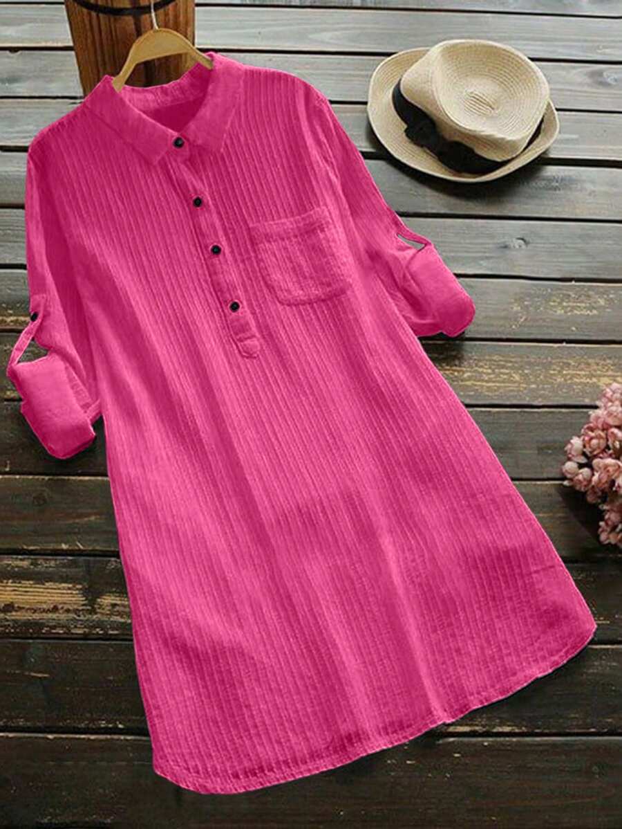 Women's Spring/Summer Solid Color Half-Placket Casual Shirt Fall Cloth For Women - Hot Pink - View 1
