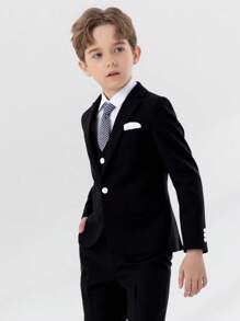 SHEIN Set de costume pentru băieți 4 bucăți: Blazer cu rever cu crestătură + vestă cu un singur piept + pantaloni asortați + cravată, potrivit pentru cină de aniversare, evenimente de petrecere, nuntă, invitat la nuntă, pageboy, băiat cu inel - Negru - Vizualizare 4
