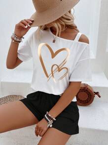 SHEIN LUNE 2pcs/Set Women Heart Print Asymmetrical Neck Short Sleeve Top And Shorts Set - Black and White - View 4