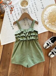 SHEIN Barboteuse sans manches pour bébé fille avec volants à la base, de couleur verte, pour l'été