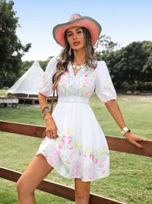 SHEIN LUNE Vestido camisero de manga farol con cuello en V, cintura fruncida y vuelo en la Bottom con estampado floral, vestido corto elegante para uso casual u ocasiones especiales - Multicolor - Ver 1