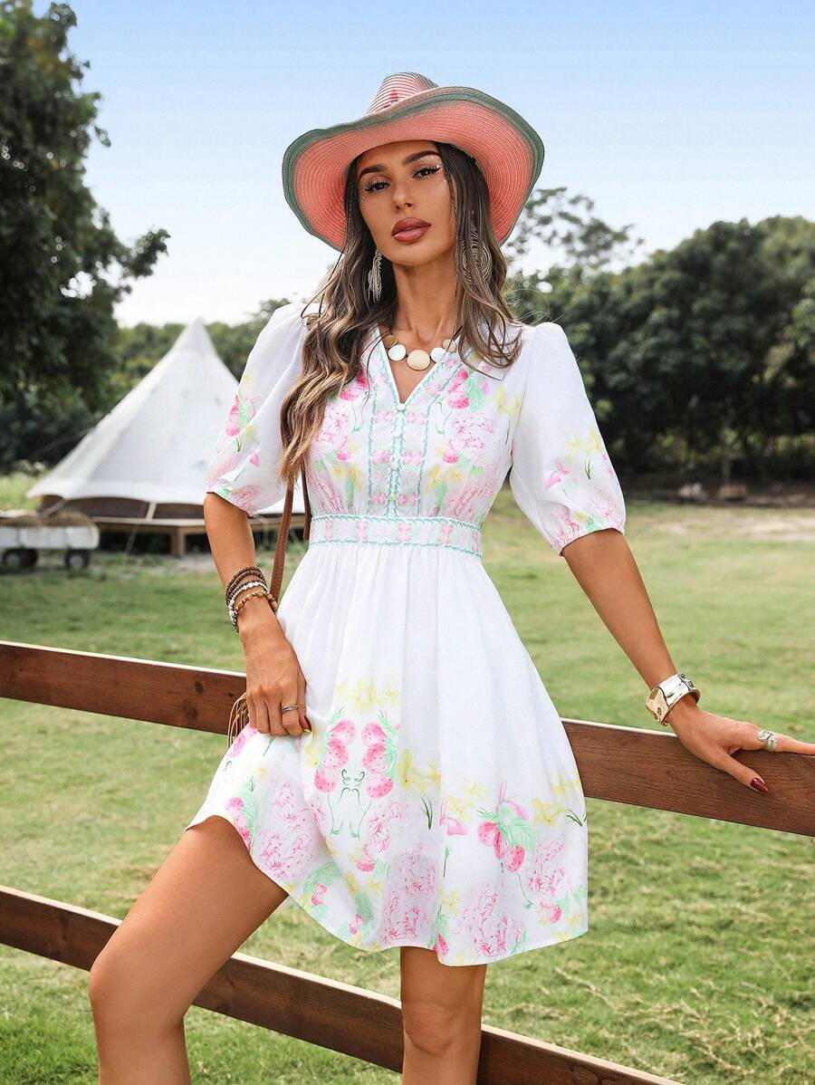SHEIN LUNE Vestido camisero de manga farol con cuello en V, cintura fruncida y vuelo en la Bottom con estampado floral, vestido corto elegante para uso casual u ocasiones especiales - Multicolor - Ver 1