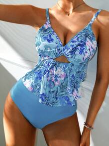 Swim Lushoire Women's Push-Up Gather Ruffle Hem Tropical Printed Hollow Out Twist Swimsuit Set With High Waist Tummy Control Swim Bottoms For Summer Beach Vacation - Multicolor - View 1