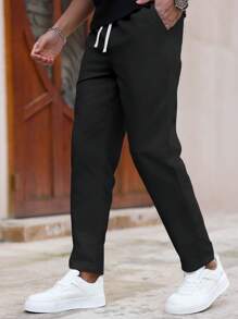 Manfinity Homme Men's Solid Color Casual Slim Straight Leg Pants, Fall - Black - View 4