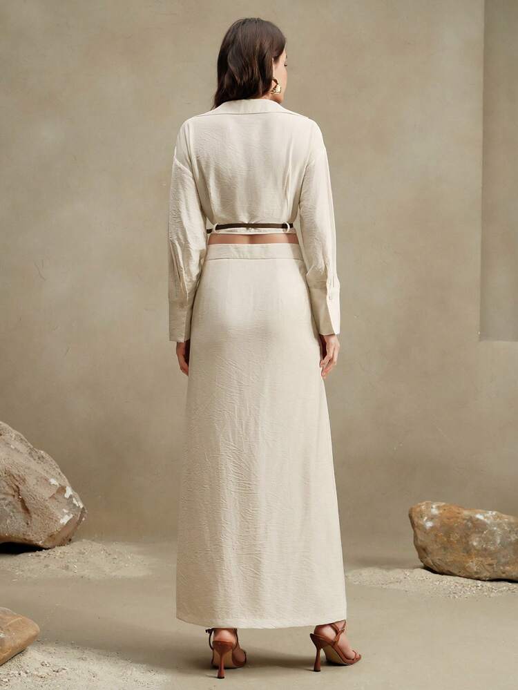 Oldmoney, Wedding Guest Dress - Women's Elegant Modern Shirt Collar Short Dress With Belt And A-Line Skirt 2 Pieces Outfit, Spring/Summer Clothes For Women