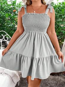 SHEIN Holidaya Plus Size Solid Color Shirred Ruffle Hem Spaghetti Strap Tied Waist Dress - Light Grey - View 3