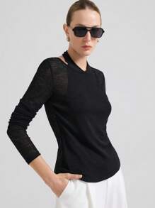 Ontre 2025 Nouveau Festival de Musique & Élégant Top Tricoté Noir 2 en 1 à Col Montant et Manches Longues pour Femmes, Printemps/Été