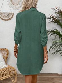 SHEIN LUNE Gaun Wanita Polos Kancing Depan Kasual Saku Lengan Gulung Pakaian Musim Gugur untuk Wanita - Dark Green - View 2