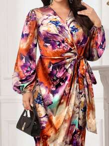 Modelyn 大码 V 领长袖全身印花腰带修身优雅迷人连衣裙长款晚礼服 - 橘色 - 查看 7