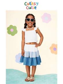 CutesyCutie  2pcs Set: Woven Solid Color Ruffle Trim Camisole Top + Woven Contrast Color Mini Skirt For Young Girls - Multicolor - View 1