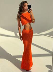 Aloruh 2pcs Women Outfit: Solid Color Cropped Top & Extra Long Skirt Set Summer Summer Outfits Summer Clothes Beach Outfits For Woman  Beach Vacation Vacation Outfits Woman Boho  Tropical Vacation Woman Clothe Crochet Orange Holiday Crochet Hook Hollow Sexy - Orange - View 7