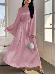 Al Najma Women's Elegant Solid Color Flare Sleeve Long Dress, Spring/Summer, Modest Elegant A Line Arabian Dresses, For Evening Party/Wedding Guest/Anniversary/Daily Wear - Dusty Pink - View 5