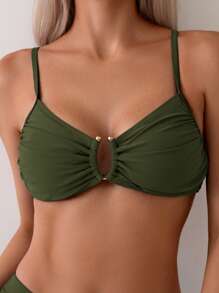 Swim Chiccia Women's Summer Vacation Minimalist Spaghetti Strap Bikini Set - Army Green - View 3