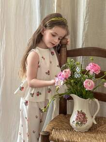 LMoss Kids LMoss  2pcs Set Young Girl Ditsy Floral Round Neck Ruffle Trim Tank Top And Loose Casual Pants Sisters Outfit,Suitable For Spring And Summer - Multicolor - View 6