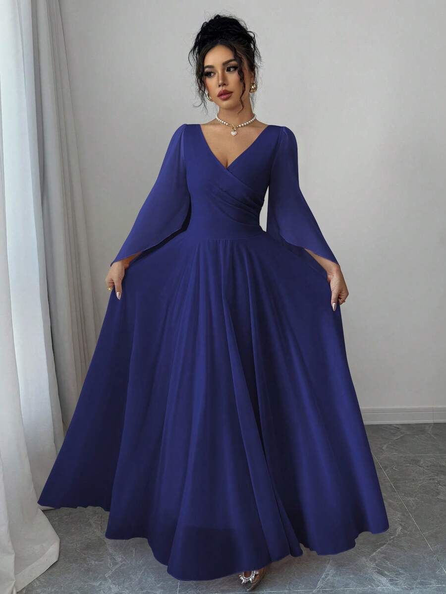 Elenzga Vestido elegante y romántico para mujer con cuello en V, manga larga y cordón en la cintura