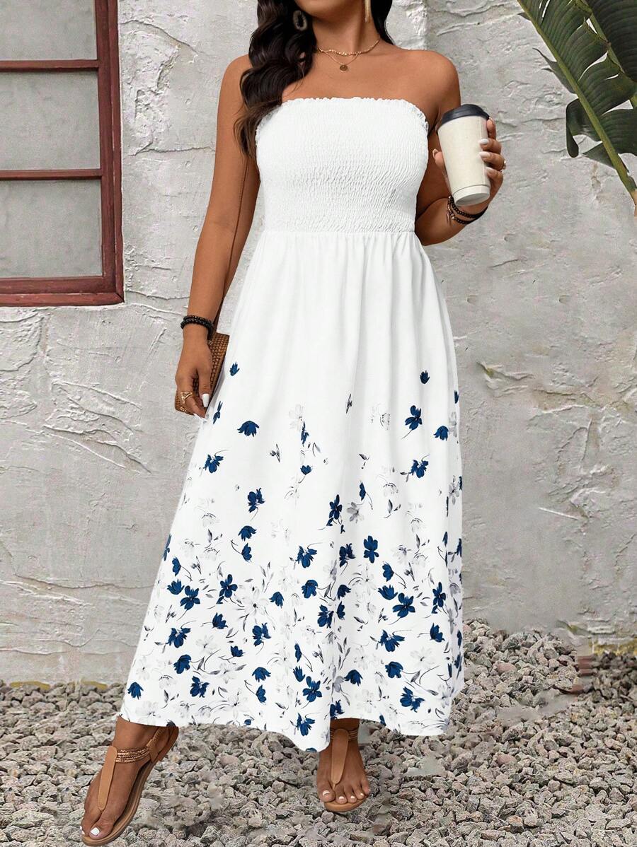 SHEIN LUNE Vestido de camisole con pliegues y estampado floral para tallas grandes - Blanco - Ver 1