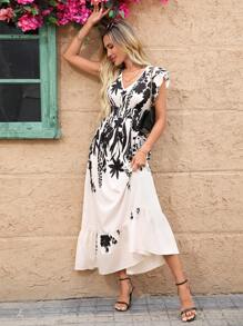 SHEIN Clasi Women's Boho Maxi Dress, Floral Print Woven Fabric V Neck Cap Sleeve Shirred Flounce Hem Maxi Dress - Multicolor - View 7