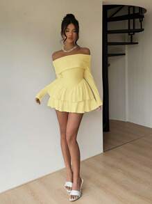 Aloruh Women's Elegant Solid Color Off Shoulder Ruffle Jumpsuit - Yellow - View 6