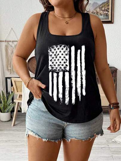 EMERY ROSE Women Casual Vintage Distressed American Flag Print Loose Cami Tank Top, Suitable For Summer