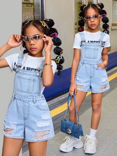 SHEIN Tween Girls Summer Beach Boho Light Washed Slant Pocket Denim Overall Jumpsuit Romper Without Tee,Girls Summer Casual Concert Rave Outfits Graduation Outfit,Everyday Wear