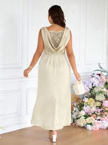 SHEIN Frenchy 大码优雅撞色蕾丝圆领无袖腰部修身连衣裙 - 杏色 - 查看 5