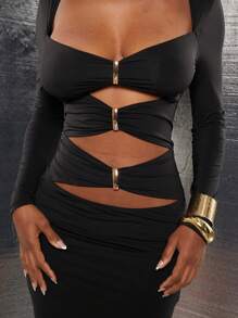 NYA SZN 连衣裙长袖低胸镂空金属细节长袖俱乐部派对迷你连衣裙音乐会夏季迷你长款女士服装 - 黑色 - 查看 5