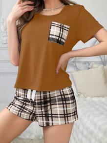 2pcs Plaid Print Pocket Pajama Set - Plaid Shorts - Coffee Brown - View 5