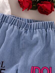 SHEIN Young Girls 2pcs Set: Ruffle Front Sleeveless Blouse + Letter Graphic Distressed Denim Pants - Multicolor - View 5