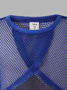 SHEIN Kleine Mädchen Lässig Netz Crop Top passend zu bedrucktem Trägerhemd & weite Hose 3-teiliges Set, geeignet für Alltag, Urlaub, Veranstaltungen - marineblau - Übersicht 7