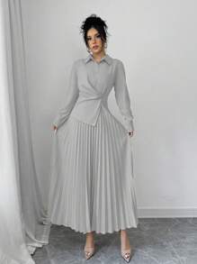 Elenzga 女士休闲纯色优雅褶皱腰中长连衣裙，秋季长款女装 - 淺灰色 - 查看 5