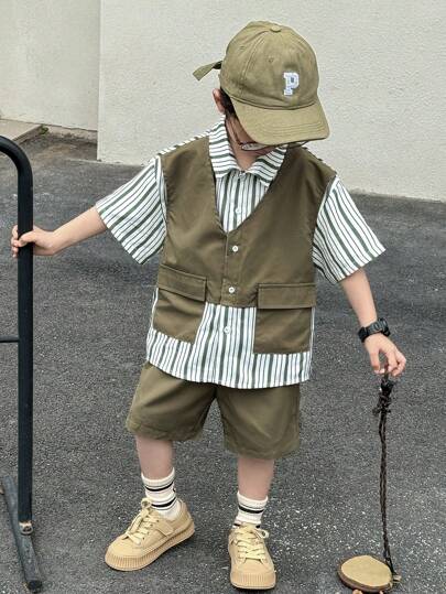 2 件装年轻男孩休闲运动学院街头日韩宽松版2合1翻领衬衫短裤返校