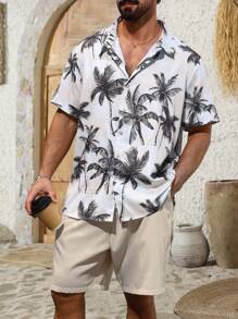 Manfinity RSRT Plus Size Men's Holiday Coconut Tree Printed Short Sleeve Shirt And Shorts Set - Khaki - View 1