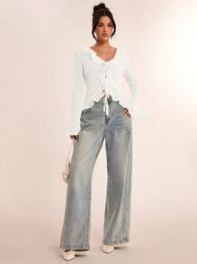 SHEIN BAE Women's Spring Elegant Floral Ruffle Trim Flare Long Sleeve Chiffon Blouse Shirt, Suitable For Date, Gatherings, Vacations, Casual Outings