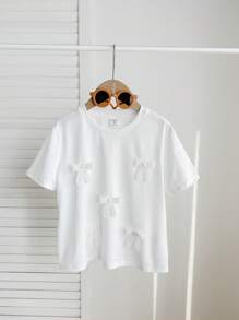 SHEIN Tween Girls Cute 3D Bow Design White T-Shirt, Versatile Casual Daily Wear For Any Occasion - White - View 3