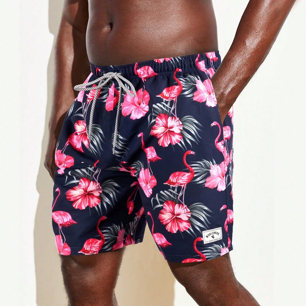 Pantalones cortos de playa con cordón y estampado de plantas para hombres talla grande, estilo hawaiano