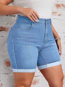 EMERY ROSE Plus Size Women's Fashion Pockets Cuffed Casual Denim Shorts - Light Wash - View 4