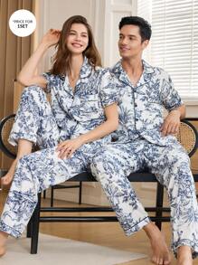 Manfinity Chinese Style Figure & Landscape Print Men Short Sleeve Sleeve Pajama Set With Collar - Multicolor - View 1