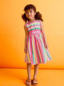 SHEIN Young Girls Colorful Sweet Striped Ruffle Trim Dresses - Multicolor - View 4