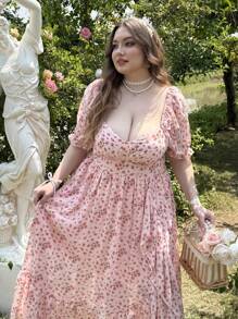 Lyrianda Vestido de fiesta estilo princesa de talla grande con cuello cuadrado y estampado floral pequeño en rosa pálido, con detalles de encaje retro, cintura ceñida y mangas abullonadas para mujeres, ideal para San Valentín, con motivos de rosas, corazones, lunares, amor, labios y Cupido