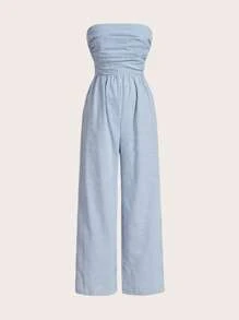 SHEIN EZwear Plus Size Spring Blue Striped Jumpsuit - Baby Blue - View 1