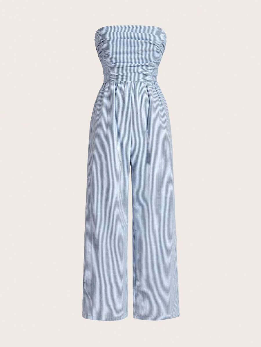 SHEIN EZwear Plus Size Spring Blue Striped Jumpsuit - Baby Blue - View 1