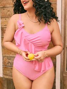 SHEIN Swim Mod Đồ bơi 1 mảnh họa tiết hoa nhún màu hồng cỡ lớn cho nữ, ngọt ngào và dễ thương cho kỳ nghỉ ở bãi biển - Hồng - Xem 1