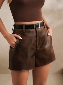 Anewsta Elaire Shorts de mujer con presillas de cinturón de piel de PU lavada con efecto ombré, para vacaciones de verano, Año Nuevo, primavera